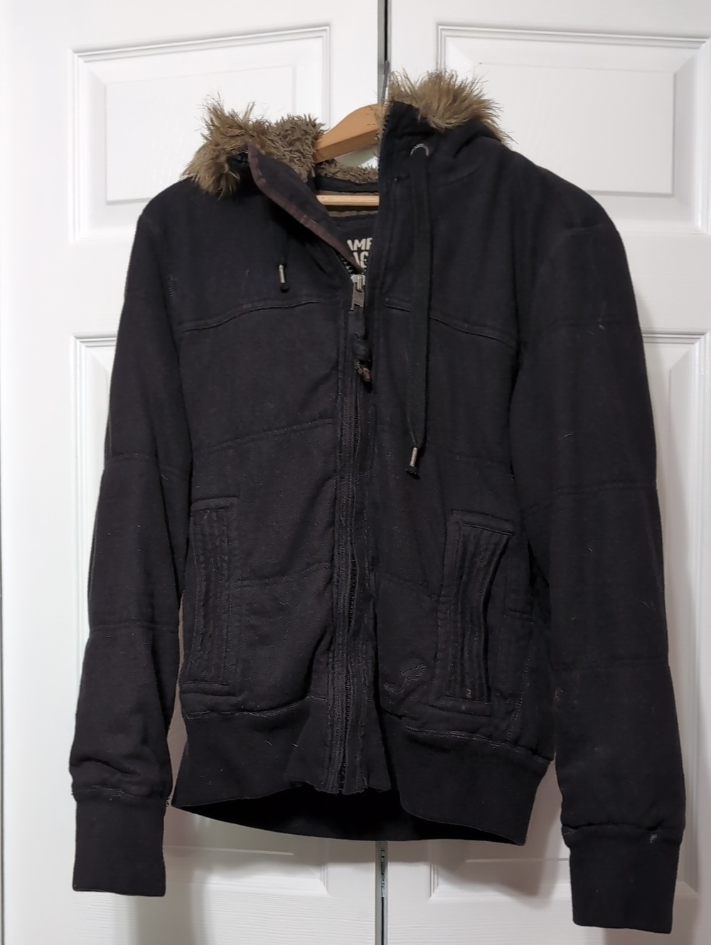 American Eagle Outfitters Black Hooded Jacket with Faux Fur Trim